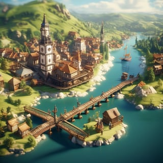 8k, RAW photos, top quality, masterpiece: 1.3),

A river passes through three lakes, with iron and wooden bridges connecting the riverbanks to a tourist city. The lakes have small docks and boats
, miniature, landscape, depth of field, ladder,  from above, English text, isometric style, simple background, white background,3d isometric,steampunk style,ff14bg,DonMSt33lM4g1cXL,DonMD0n7P4n1cXL