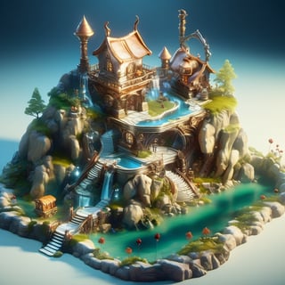 8k, RAW photos, top quality, masterpiece: 1.3),
A fantasy fairy village
, miniature, landscape, depth of field, ladder,  from above, English text,Ore, cave, torch,Underground lake, isometric style, simple background, white background,3d isometric,steampunk style,ff14bg,DonMSt33lM4g1cXL,DonMD0n7P4n1cXL