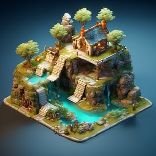 8k, RAW photos, top quality, masterpiece: 1.3),
A fantasy fairy village
, miniature, landscape, depth of field, ladder,  from above, English text,Ore, cave, torch,Underground lake, isometric style, simple background, white background,3d isometric,steampunk style,ff14bg,DonMSt33lM4g1cXL,DonMD0n7P4n1cXL