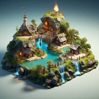 8k, RAW photos, top quality, masterpiece: 1.3),
A fantasy fairy village
, miniature, landscape, depth of field, ladder,  from above, English text,Ore, cave, torch,Underground lake, isometric style, simple background, white background,3d isometric,steampunk style,ff14bg,DonMSt33lM4g1cXL,DonMD0n7P4n1cXL