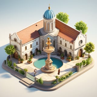 8k, RAW photos, top quality, masterpiece: 1.3), In front of the church is a circular fountain, with a shopping street on the left, a theological college on the right, and a small square , miniature, landscape, depth of field, ladder, table, from above, English text, chair, lamp, coffee, architecture, tree, potted plants, isometric style, simple background, white background,3d isometric