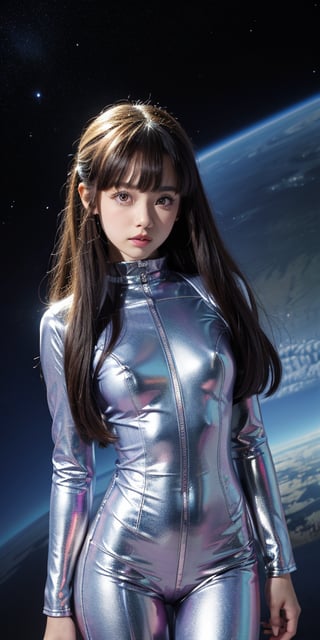 a girl, thunder yellow jacket, tight suit,Space helm of the 1960s,and the anime series G Force of the 1980s,Darf Punk wlop glossy skin, ultrarealistic sweet girl, space helm 60s, holographic, holographic texture, the style of wlop, space, ,helenadouglas,aafern