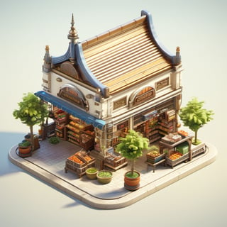 8k, RAW photos, top quality, masterpiece: 1.3),
A bungalow-style grocery store with various goods and an ancient mosque.
, miniature, landscape, depth of field, ladder,  from above, English text,architecture, tree, potted plants, isometric style, simple background, white background,3d isometric,steampunk style,ff14bg,DonMSt33lM4g1cXL