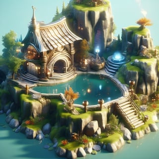 8k, RAW photos, top quality, masterpiece: 1.3),
A fantasy fairy village
, miniature, landscape, depth of field, ladder,  from above, English text,Ore, cave, torch,Underground lake, isometric style, simple background, white background,3d isometric,steampunk style,ff14bg,DonMSt33lM4g1cXL,DonMD0n7P4n1cXL