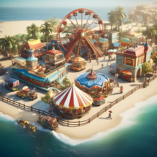 8k, RAW photos, top quality, masterpiece: 1.3),
Santa Monica Pier Amusement Park on the beach. Roller coaster, bumper cars, carousel, first aid station. , miniature, landscape, depth of field, ladder,  from above, English text,architecture, tree, potted plants, isometric style, simple background, white background,3d isometric,steampunk style,ff14bg,DonMSt33lM4g1cXL