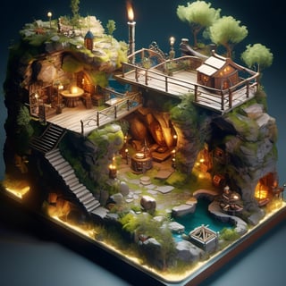 8k, RAW photos, top quality, masterpiece: 1.3),
A fantasy fairy village
, miniature, landscape, depth of field, ladder,  from above, English text,Ore, cave, torch,Underground lake, isometric style, simple background, white background,3d isometric,steampunk style,ff14bg,DonMSt33lM4g1cXL,DonMD0n7P4n1cXL