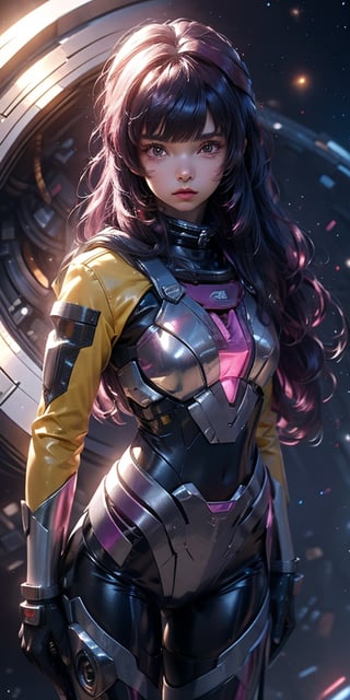 a girl, thunder yellow jacket, tight suit,Space helm of the 1960s,and the anime series G Force of the 1980s,Darf Punk wlop glossy skin, ultrarealistic sweet girl, space helm 60s, holographic, holographic texture, the style of wlop, space, ,helenadouglas,aafern