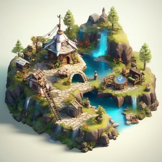 8k, RAW photos, top quality, masterpiece: 1.3),
A fantasy fairy village
, miniature, landscape, depth of field, ladder,  from above, English text,Ore, cave, torch,Underground lake, isometric style, simple background, white background,3d isometric,steampunk style,ff14bg,DonMSt33lM4g1cXL,DonMD0n7P4n1cXL