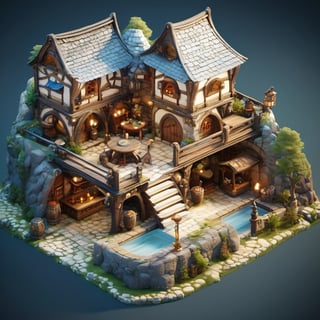 8k, RAW photos, top quality, masterpiece: 1.3),
A fantasy medieval inn
, miniature, landscape, depth of field, ladder,  from above, English text,Ore, cave, torch,Underground lake, isometric style, simple background, white background,3d isometric,steampunk style,ff14bg,DonMSt33lM4g1cXL,DonMD0n7P4n1cXL