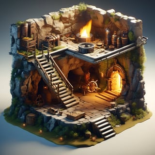 8k, RAW photos, top quality, masterpiece: 1.3),
medieval era ,Mine shaft underground
, miniature, landscape, depth of field, ladder,  from above, English text,Ore, cave, torch,Underground lake, isometric style, simple background, white background,3d isometric,steampunk style,ff14bg,DonMSt33lM4g1cXL,DonMD0n7P4n1cXL