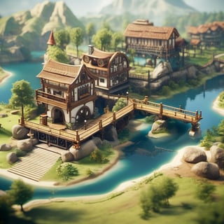 8k, RAW photos, top quality, masterpiece: 1.3),

A river passes through three lakes, with iron and wooden bridges connecting the riverbanks to a tourist city. The lakes have small docks and boats
, miniature, landscape, depth of field, ladder,  from above, English text, isometric style, simple background, white background,3d isometric,steampunk style,ff14bg,DonMSt33lM4g1cXL,DonMD0n7P4n1cXL