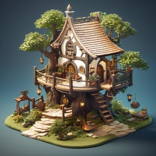 8k, RAW photos, top quality, masterpiece: 1.3),
 "Medieval Elven Treehouse
, miniature, landscape, depth of field, ladder, table, from above, English text, chair, lamp, coffee, architecture, tree, potted plants, isometric style, simple background, white background,3d isometric