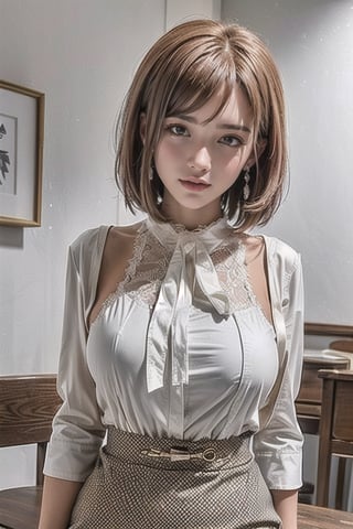 (best quality, masterpiece, colorful, dynamic angle, from below, highest detailed)upper body photo,  fashion photography of cute mechangel, (1girl,(large breasts), red bow, lips , naughty_face,evil smile, ((gyaru)) ,jewelry, blush, earrings, looking at viewer, cowboy shot, red hair, short hair, aamikoto, hmmisaki)  ,  (wearing sexy Cleavage cutout, 0ff1c3_3, dress, short brown skirt, jacket, white shirt, bow,0ff1c3_3, dress, short brown skirt, white shirt, bow, sleeveless, and white silk gloves , showing her huge boobs hanging downblouse cleavage when she bends over on the table looking at the viewer with lustful eyes ,down_blouse, bending_over, bent_over,doggy_position),black chinese dress,0ff1c3_3