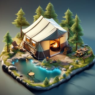 8k, RAW photos, top quality, masterpiece: 1.3),
 forest camping area,tent,recreational vehicle,campfire,lake shore,rocks,trees
, miniature, landscape, depth of field, ladder,  from above, English text, isometric style, simple background, white background,3d isometric,steampunk style,ff14bg,DonMSt33lM4g1cXL,DonMD0n7P4n1cXL