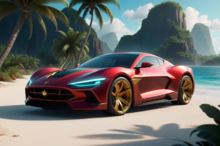 a super exotic luxury 2-door sports car shaped after captain marvel, tropical island background, exterior shot, ultra details, 4k, ultra realism