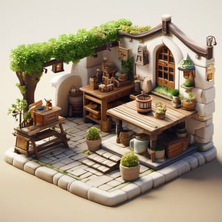 8k, RAW photos, top quality, masterpiece: 1.3),
 "Medieval Traveler's Inn
, miniature, landscape, depth of field, ladder, table, from above, English text, chair, lamp, coffee, architecture, tree, potted plants, isometric style, simple background, white background,3d isometric