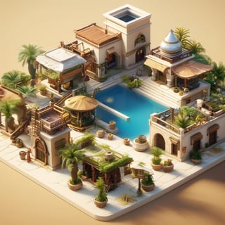 8k, RAW photos, top quality, masterpiece: 1.3),
The oasis town of Wacachina in the desert
, miniature, landscape, depth of field, ladder,  from above, English text,architecture, tree, potted plants, isometric style, simple background, white background,3d isometric,steampunk style,ff14bg,DonMSt33lM4g1cXL