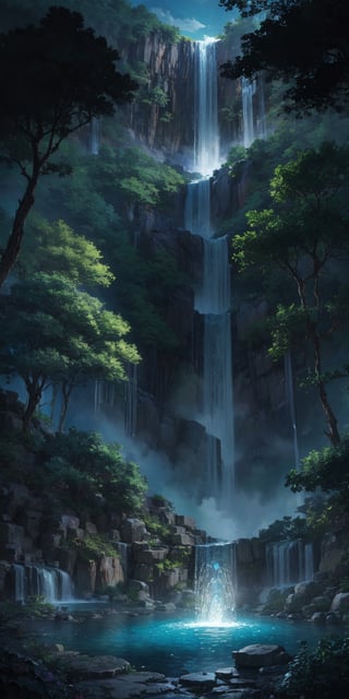 flower, outdoors, water, tree, book, pokemon \(creature\), no humans, night, glowing, nature, scenery, waterfall, fountain