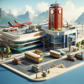 8k, RAW photos, top quality, masterpiece: 1.3),
 Transport hub,Airport
, miniature, landscape, depth of field, ladder,  from above, English text, isometric style, simple background, white background,3d isometric,steampunk style,ff14bg,DonMSt33lM4g1cXL,DonMD0n7P4n1cXL,LEGO MiniFig