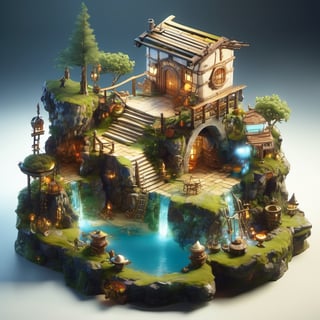 8k, RAW photos, top quality, masterpiece: 1.3),
A fantasy fairy village
, miniature, landscape, depth of field, ladder,  from above, English text,Ore, cave, torch,Underground lake, isometric style, simple background, white background,3d isometric,steampunk style,ff14bg,DonMSt33lM4g1cXL,DonMD0n7P4n1cXL