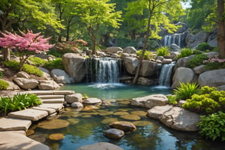 photo of a tranquil zen garden, calming scenery, trees, waterfall, flowers, rocks, spring, realistic, photorealistic, HDR, cinematic film still. no humans