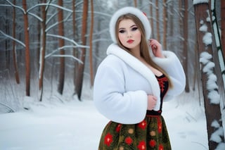 A very beautiful 18 year old russian woman, with a lot of makeup and very beautiful,very fat, big breasts, big ass, big butt, very sexy and hot,full body,Standing in a beautiful snowy forest
she wear Tapochki
These are traditional Russian slippers, often made of fabric or leather.