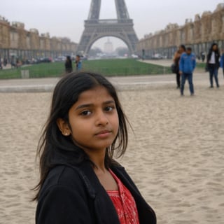 point and shoot camera amateur photography of indian girl in front of eiffel tower . casual, f/16, noise, bad light

