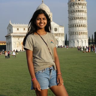 point and shoot camera amateur photography of indian girl in front of leaning tower of pisa . casual, f/16, noise, bad light
