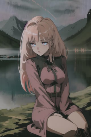 A lone figure, clad in tattered pink attire, worn boots, and unkempt locks, sits contemplatively on the lush green grass, gazing out at the serene lake's frozen surface. The atmosphere is somber, with streaks of crimson surrounding her, hinting at a tumultuous past. The natural surroundings, though peaceful, seem to amplify the sense of isolation and vulnerability.