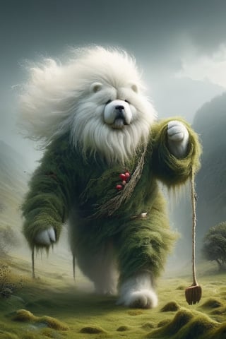 Imagine the following scenario.
An old white chow chow with a long bushy mustache dressed in wool with a human body.
 All beautiful and a mystical moss grass hut hidden deep in a misty valley.
Picking fruits and placing them in baskets.
,DonM3l3m3nt4lXL