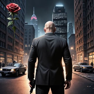 As night falls, in the bustling city center, a bald man's back is looking at a gorgeous office building. He holds a rose in his left hand and a pistol in his right hand. Cars are coming and going, pedestrians are hurrying, and the man's clothes are written with dvr-text“XAIRT”,