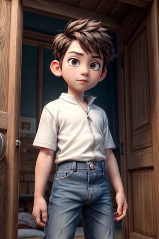 Pixar young boy, child, front view, pale_skin, short, short_hair, facing_away, blue jeans with open zip, white t-shirt, in kids room next to a magical mysterious closed door, 8k,super_detailed, ultra_high_resolution, Best quality, masterpiece, perfect fingers, dynamic lighting, depth of field, deep shadow, RAW photo, best quality, detailed_face,penis, hot penis, strong penis, sexy penis, penis position curved upward, (penis size 8.6),