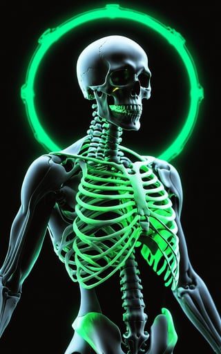 (best quality, 4K, 8K, high-resolution, masterpiece), ultra-detailed, extremely realistic photography of [man] , dark background, |green] halo around head, xray body reflections, black, skeleton hand on chest,below, photorealistic, dark mistica