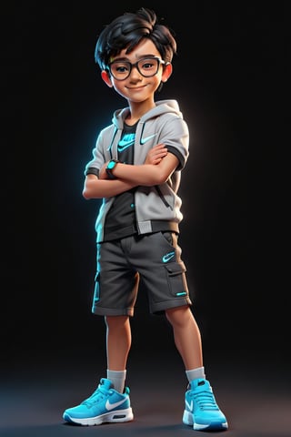 Create a 3D realistic character in a black background, 1boy character, 13 year old age, wearing a stylish and expenses cloth, wearing glasses, ((black hair, hairstyle)), wearing smart watch, wearing  Nike brand shoes,  standing position, perfect body, perfect muscles, 💪💪, simple smile, solo smile, 4k, 8k, resolution 
 
(Background, futuristic background, neon lighting, black background decorate with neon lights,)
