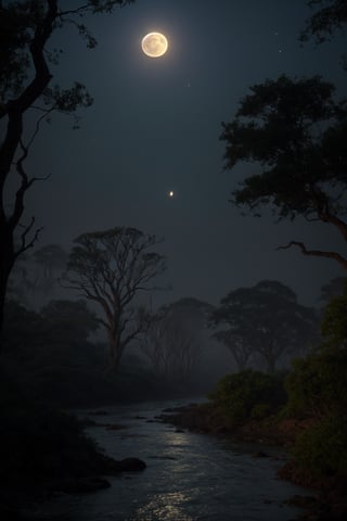 A serene fantasy scene unfolds beneath a radiant moonlit sky. A gnarled tree, its branches stretching towards the heavens like nature's own cathedral. In the distance, an alien figure emerges from the misty river, its bioluminescent scales shimmering in harmony with the lunar glow.,photorealistic, 

High quality, 4k, 8k, resolution, 