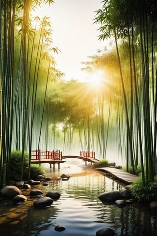 Chinese style, a quiet bamboo forest with a small pavilion and a stream next to it and the sunset light is shining in the bamboo forest.,scenery