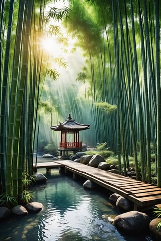 Chinese style, a quiet bamboo forest with a small pavilion and a stream next to it and the sun is shining in the bamboo forest.,scenery