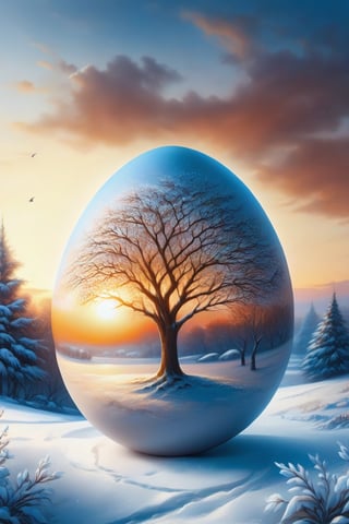 egg-art, masterpiece, absurdres, best quality, extremely detailed, highres, landscape, evening light, winter season tree, sunset, snow falling ,gentle breeze