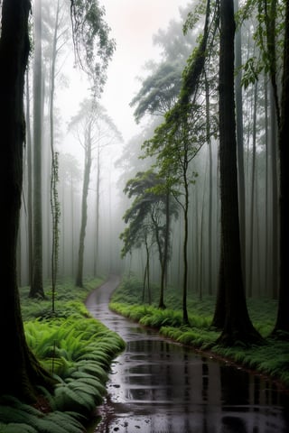 Deep within the wet foggy rainforest, tall green lush trees, ferns, and flowers, along with animal life, blanket the forest floor. Sunlight streams through the tree canopy, creating a scene that is both beautiful and serene, as rain softly descends. deer in the background,,inch0226b,Nature
