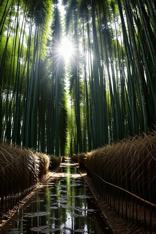 Deep within the bamboo forest, tall green lush trees, ferns, and flowers, along with animal life, blanket the forest floor. Sunset warm light streams through the tree canopy, creating a scene that is both beautiful and serene, as rain softly descends. 