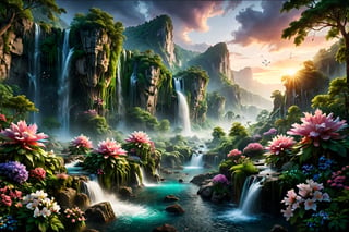 Create an enchanting vertical landscape featuring multiple luminous waterfalls cascading down from towering cliffs into a serene river, surrounded by lush greenery and blooming flowers under the soft glow of twilight.