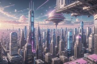 City, metropolis, with skyscrapers, against the backdrop of a blue sunset, pink and magenta sky, the glare of the sun on the buildings, sun rays between buildings, without people, Futuristic future, adstech,Indoor
