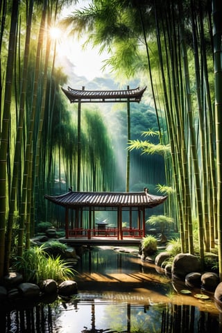 Chinese style, a quiet bamboo forest with a small pavilion and a stream next to it and the sun is shining in the bamboo forest.