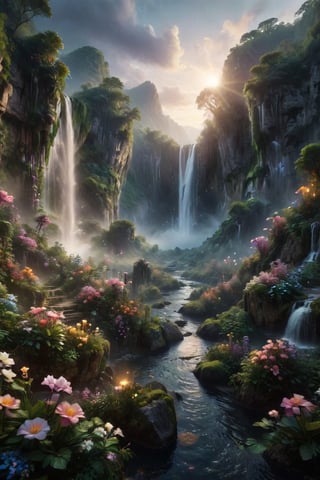 Create an enchanting vertical landscape featuring multiple luminous waterfalls cascading down from towering cliffs into a serene river, surrounded by lush greenery and blooming flowers under the soft glow of twilight.