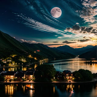 night scene with some house asian, vietnam, viet nam, ha giang, moon, lake in the foreground, calm night, green and blue, digital illustration, 4k highly detailed digital art, night scenery, anime art wallpaper 4k, anime art wallpaper 4 k, 4k detailed digital art, nighttime nature landscape, anime art wallpaper 8 k, background artwork, beautiful art uhd 4 k, 4 k hd illustrative wallpaper,Nature