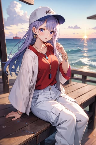 japanese mature girl, pastel purple hair,long hair (straight_hair), hiphop dancer,wearing all white clothes (loose fit top and wide cargo pants),sneakers,accessories(necklace,ear_rings)baseball cap, sitting at sea bank,horizon,seaside,vivid sea color,red lighthouse,sunset,Best Quality, 32k, photorealistic, ultra-detailed, finely detailed, high resolution, perfect dynamic composition, beautiful detailed eyes, sharp-focus, cowboy_shot,