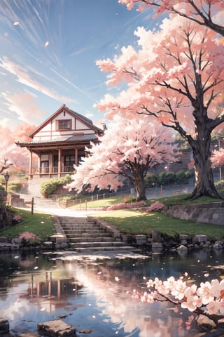 masterpiece,absurdres,best quality,extremely detailed,highres,landscape,evening, beautiful sunlight, cherry blossom tree, (school 1.41,sunset, cherry blossom flower falling,gentle breeze