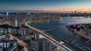 8k ultra highly detailed high quality, wide angle shot taken from dron up above the city, vast sea visible, ((modern city near seaside, building lights )), ((ships in the sea)), night time at sea horizon, island, EpicArt, FFIXBG, more detail XL, action shot, cyborg style,jkbridge,frames,furure_urban,Nature