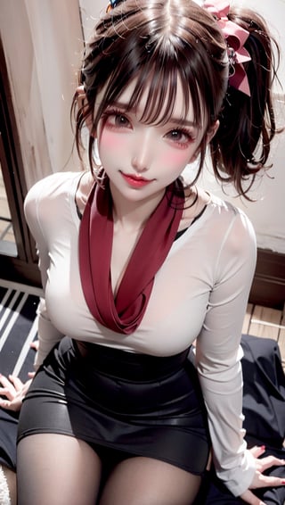 (Best quality, 8k, 32k, Masterpiece, UHD:1.2),Photo of Pretty  woman, stunning, 1girl, (medium dark brown ponytail), double eyelid, natural medium-large breasts, slender legs, tall body, soft curves, skin pores, white coat, knit dress shirt, checkered skirt, red scarf, snow heeled boot, sitting on stairs on shrine, snowy shrine, heavy snow on shrine, fashion model posing, unforgettable beauty, look at viewer, sexy smile, closed to up, lifelike rendering, detailed facial features, detailed real skin texture, detailed details,ffff,33310,shiny grey oil pantyhose