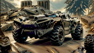 mad max style lunar rock color All-terrain vehicle with colored tire lettering parked on the side of a road next to a tree, nostalgic 8k, restomod, ultra - realistic, ultra-realistic,Realism,Epicrealism,mxsuv,Head direction,Head direction,The war damaged the paint,Industrial machinery,Hard line,Halley,bulldozer,Unreal Engine rendering,realistic,gun,f117,Stealth aircraft coating,scale,Cast metal texture,MetalAI,Futuristic room